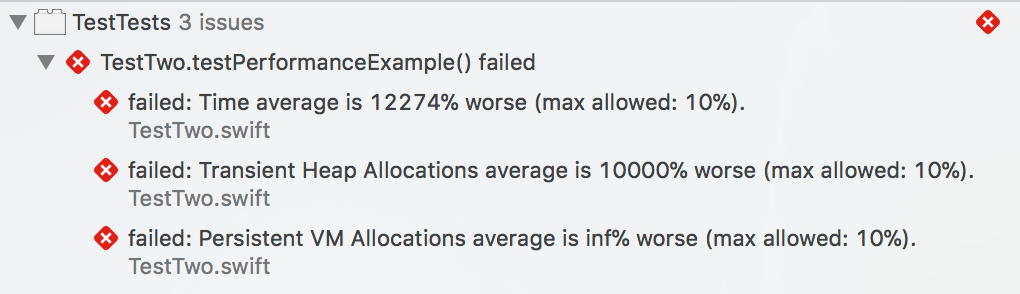 Screenshot of test errors generated by failing to meet performance baselines.